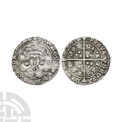 English Medieval Coins - Edward IV - London - Muled Marks Heavy Coinage Groat 1461-1464 A.D. First reign, heavy coinage, group I. Obv: facing bust with lis on breast and pellet each side of crown with