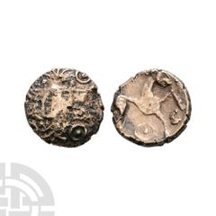 Celtic Iron Age Coins - Iceni - 'Irstead Tefoil' - Gold Quarter Stater 1st century B.C. Obv: latticed square on opposed crescents with branch above and below and pellet-in-annulet at corners. Rev: hor