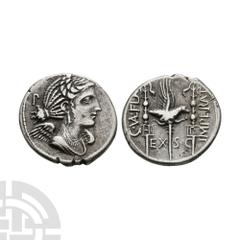 Ancient Roman Republican Coins - C Valerius Flaccus - Eagle and Standards AR Denarius 82 B.C. Massalia mint (by decree while Flaccus was proconsul in Gaul). Obv: winged and draped bust of Victory righ