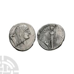 Ancient Roman Republican Coins - L Hostilius Saserna - Gaulish Captive Denarius 48 B.C. Rome mint. Obv: head of female Gaulish captive right, carnyx behind. Rev: L HOSTILIA SASERNA legend with cult st