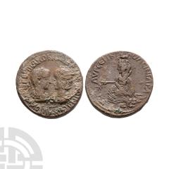 Ancient Roman Provincial Coins - Gordian III and Tranquillina - Singara - Tyche Bronze 238-244 A.D. Singara. Obv: AYTOK K M ANT GORDIANON CAB TRANKYLLINA CEB legend laureate, draped and cuirassed bust