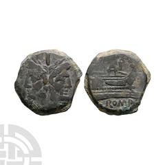 Ancient Roman Republican Coins - Post-Reform - Galley AE As 211 B.C. Obv: head of Janus with value mark I between. Rev: galley right with value mark I above and ROMA below. Crawford 56/2; Sydenham 143