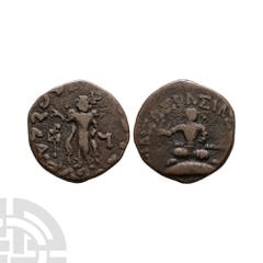 Ancient Greek Coins - Indo-Scythian - Azes I or II - King Seated Tetradrachm 58-2 B.C. Obv: BASILEWS BASILEWN MEGALOY AZOY legend with Azes sitting facing, cross-legged on couch with sword on lap, hol