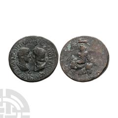 Ancient Roman Provincial Coins - Gordian III and Tranquillina - Mesopotamia - Tyche Bronze 238-244 A.D. Nisibis mint. Obv: AYTOK K M ANT GORDIANOC CAB TRANKYLLINA CEB legend with laureate, draped and 