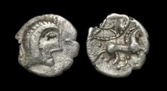 Celtic Iron Age Coins - Iceni - Norfolk God Type - Silver Unit Circa 10-15 AD. Obv: profile male bust with one faint trefoil in front and no corn ear behind. Rev: horse right with two pellets behind, 