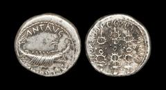 Ancient Roman Imperial Coins - Marc Antony - Galley Denarius 32-31 BC. Military mint travelling with Marc Antony. Obv: ANT AVG III VIR R P C legend around Praetorian galley right. Rev: CHORTIS SPECVLA