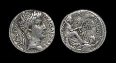 Ancient Greek Coins - Augustus - Antioch ad Orontem - Tyche Tetradrachm Dated Year 29 of the local era and COS XIII = 2 BC.. Obv: KAISAROS SEBASTOU legend with laureate head right. Rev: ETOYS QK NIKHS