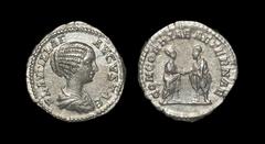 Ancient Roman Imperial Coins - Plautilla - Concordia Denarius 202 AD. Wife of Caracalla (198-217 AD), Rome mint. Obv: PLAVTILLAE AVGVSTAE legend with draped bust right. Rev: CONCORDIAE AETERNAE legend