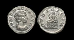 Ancient Roman Imperial Coins - Julia Maesa - Pudicitia Denarius 218-220 AD. Rome mint. Obv: IVLIA MAESA AVG legend with draped bust right. Rev: PVDICITIA legend with Pudicitia, veiled, seated left, ri