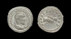 Ancient Roman Imperial Coins - Pupienus - Clasped Hands Antoninianus 238 AD. Rome mint. Obv: IMP CAES M PVPIEN MAXIMVS AVG legend with radiate, draped and cuirassed bust right. Rev: PATRES SENATVS leg