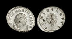 Ancient Roman Imperial Coins - Mariniana - Peacock Antoninianus 253-254 AD. Wife of Valerian I (253-260 AD), Rome mint. Obv: DIVAE MARINIANAE legend with diademed, veiled bust right on crescent. Rev: 