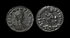 Ancient Roman Imperial Coins - Crispus - London - Sol Bronze 317 AD. London mint. Obv: CRISPVS NOB CAES legend with laureate, cuirassed bust right. Rev: SOLI INVIC-TO COMITI legend with Sol standing l