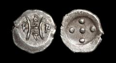 Ancient Greek Coins - Eryx - Hemilitra-Pentonkion Mule 455-430 BC. Obv: five dots (=pentonkion) in an incuse circle. Rev: large H (=hemilitron) with E-R-V-K in the four sections around. 0.46 grams. Ob