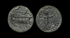 Ancient Greek Coins - Lycia - Phaselis - Athena Promachos Unit 81-27 BC. Obv: prow of galley right with Nike flying right above. Rev: F-A across fields, Athena Promachos walking right, brandishing spe