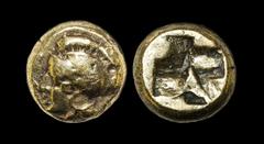 Ancient Greek Coins - Phocaea - Ionia - Civic Coinage - Athena Electrum Gold Hekte 400-390 BC. Obv: head of Athena left, wearing crested Attic helmet, decorated with gryphon sitting left; beneath the 
