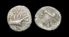 Celtic Iron Age Coins - Iceni - Boar Phallic Silver Unit 50-5 BC. Obv: crude boar right with pelleted rosette above. Rev: horse right with annulet (cross at centre?) above and phallic symbol below. 0.