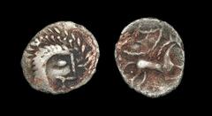 Celtic Iron Age Coins - Iceni - Norfolk God Silver Unit 20 BC-10 AD. Obv: male head right with corn ear behind, trefoils in front. Rev: horse right with tricorne-in-pelta above, pelleted concave lozen
