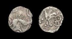 Celtic Iron Age Coins - Iceni - Ring Boar Silver Half Unit 50-5 BC. Obv: stylised boar right with trefoil of pellets and two pellet-in-annulets above, pellet-in-annulet below. Rev: horse right with pe