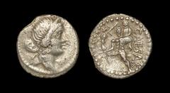 Ancient Roman Imperial Coins - Julius Caesar - Aeneas Denarius 47-46 BC. Military mint traveling with Caesar in North Africa. Obv: diademed head of Venus right. Rev: CAESAR legend to right of Aeneas w