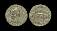 Ancient Roman Imperial Coins - Trajan - Bridge Sestertius 103-111 AD. Rome mint. Obv: IMP CAES NERVAE TRAIANO AVG GER DAC P M TR P COS V P P legend with laureate head right, slight drapery on left sho