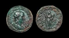 Ancient Roman Imperial Coins - Trajan Decius - Felicitas Double Sestertius 249-250 AD. Rome mint. Obv: IMP C M Q TRAIANVS DECIVS AVG legend with radiate, cuirassed bust right. Rev: FELICITAS SAECVLI l