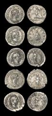 Ancient Roman Imperial Coins - Geta, Caracalla and Elagabalus - Denarii Group [5] 210-222 AD. Group comprising: Elagabalus, 218-222 AD, Victory reverse; Caracalla, 213-217 AD, Venus reverse; Caracalla