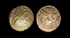 Celtic Iron Age Coins - South Thames - Selsey Two-Faced Gold Stater 55-45 BC "Obv: abstract wreath pattern with hidden face. Rev: triple-tailed horse right, charioteer's arms and pellets above, trefoi