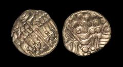 Celtic Iron Age Coins - Gallo-Belgic - Chute/Cheriton Transtional Gold Stater 65-40 BC "Obv: wreath with three crescents and 'turf-cutter' below. Rev: disjointed horse left with quadruple line tail wi