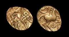 Celtic Iron Age Coins - Iceni - Irstead Smiler Gold Quarter Stater 30-10 BC Obv: branch motif. Rev: horse right with crescent above and pellet-in-annulet below. 0.92 grams. (). "The Brodie Hall, Kent,