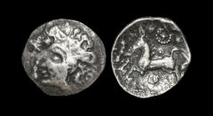Celtic Iron Age Coins - Iceni - Bury Diadem Silver Unit 50-40 BC "Obv: female head left with diadem, symbol before. Rev: prancing horse left with pellet-in-pelletted-ring, two pellets and pellet-in-an
