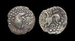Celtic Iron Age Coins - Iceni - Toney Curly Top Silver Unit 50-30 BC Obv: male bearded head right with pellets for hair and pellets before. Rev: curvy horse left with pellet mane with pellet-centred l