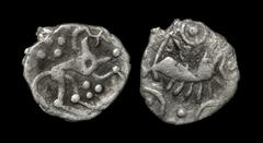Celtic Iron Age Coins - Iceni - Norfolk Ring Boar Silver Half Unit 1-43 AD "Obv: boar right, pellet above with pellet-in-annulet above (two), behind and below. Rev: annulate horse right with pellet-ro