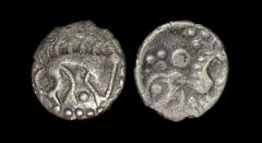 Celtic Iron Age Coins - Iceni - Stickman Boar Silver Half Unit 1-43 AD "Obv: boar right with long bristles to back, spear before. Rev: horse right with pellet-in-annulet and two pellet trefoils above,