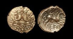 Celtic Iron Age Coins - Iceni - Antedios - Triple Moon Gold Stater 10-30 AD "Obv: three opposed crescents, pellet at centre and at cusps, enclosed by six arcs with trefoil or quatrefoil of pellets in 
