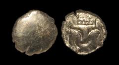 Celtic Iron Age Coins - Corieltauvi - Domino Gold Stater 60-50 BC "Obv: plain. Rev: disjointed horse left, 'domino' box with four pellets above." 3.05 grams. (). "The Brodie Hall, Kent, UK collection;