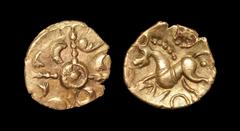 Celtic Iron Age Coins - Corieltauvi - Torksey Gold Quarter Stater 50-40 BC "Obv: centre pellet-in-annulet with four radiating beaded lines with crescents and bear's paws in angles. Rev: horse left, wi