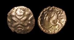 Celtic Iron Age Coins - Corieltauvi - Aunt Cost - Gold Stater 15-40 AD Obv: wreath motif crossed by bar with large crescent and pelleted rosette each end. Rev: lunate horse left with large head with A