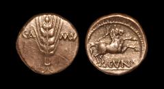 Celtic Iron Age Coins - Catuvellauni - Cunobelin - Classic Gold Stater 10-41 AD Obv: ear of corn with central stalk with C.A to left and MV right. Rev: 'classic' style horse rearing right with branch 