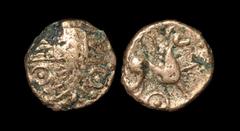 Celtic Iron Age Coins - Iceni - Irstead Trefoil Plated Gold Quarter Stater 30-10 BC Obv: branch motif. Rev: horse right with large open trefoil above and pellet-in-annulet below. 0.66 grams. (). "The 