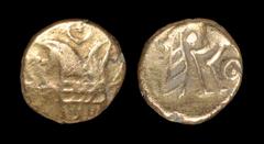 Celtic Iron Age Coins - Iceni - Irstead Smiler Gold Quarter Stater 30-10 BC "Obv: branch. Rev: horse right, large crescent above, pellet-in-annulet below." 1.00 grams. (). "The Brodie Hall, Kent, UK c