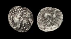Celtic Iron Age Coins - Iceni - 'Saham Tonie' Silver Unit 80-50 BC "Obv: profile bust right with pelletted hair, beard to chin. Rev: horse right with pellet mane, pelletal sun above and pellet-in-annu