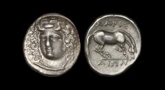 Ancient Greek Coins - Thessaly - Larissa - Horse Grazing Drachm 400-344 BC "Obv: head of nymph Larissa, three-quarters facing to left. Rev: LARIS-AIWN legend above and beneath horse grazing right, lef