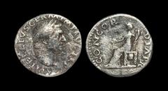 Ancient Roman Imperial Coins - Vitellius - Concordia Denarius 69 AD Rome mint. Obv: A VITELLIVS GERM IMP AVG TR P legend with laureate head right. Rev: CONCORDIA PR legend with Concordia seated left h