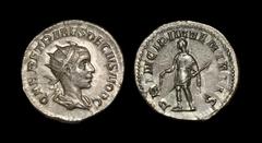 Ancient Roman Imperial Coins - Herennius Etruscus - Emperor Standing Antoninianus 250-251 AD "Rome mint. Obv: Q HER ETR MES DECIVS NOB C legend with radiate, draped and cuirassed bust right. Rev: PRIN
