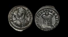 Ancient Roman Imperial Coins - Crispus - London - Altar Bronze 323-324 AD "London mint. Obv: CRISPVS-NOBIL C legend with laureate, cuirassed bust left, holding spear, point forwards, and shield. Rev: 