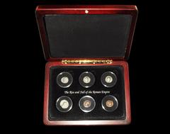 Ancient Roman Imperial Coins - 'Rise and Fall of the Roman Empire' - London Mint Company Cased Set [6] 1st century BC to 4th century AD "Set comprising: denarii of L. Titurius L. f. Sabinus (89 BC, Vi