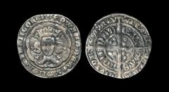 English Medieval Coins - Edward III - London - Pre Treaty Groat 1356 AD Series F. Obv: facing bust within tressure with EDWARD D G REX ANGL Z FRANC D HYB legend and 'crown' mintmark. Rev: long cross a