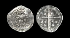 English Medieval Coins - Edward IV - Durham - Bishop Dudley - Local Dies Penny 1471-1483 AD "Obv: facing bust with pellet each side of crown, D to left of neck and V to right, legend absent. Rev: long
