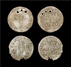 Ancient Byzantine Coins - Leo V and Basil I - Miliaresion Group (2) 868-879 AD and 813-820 AD. Basil I, Constantinople mint. Obv: IhSUS XRISTUS NICA legend around cross potent on three steps, globe be