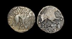 Celtic Iron Age Coins - Iceni - Norfolk Boar Star Silver Unit 30-10 BC. Obv: boar right with pellet and pellet trefoil below. Rev: horse right with trefoil of pellets above, with five-armed star below